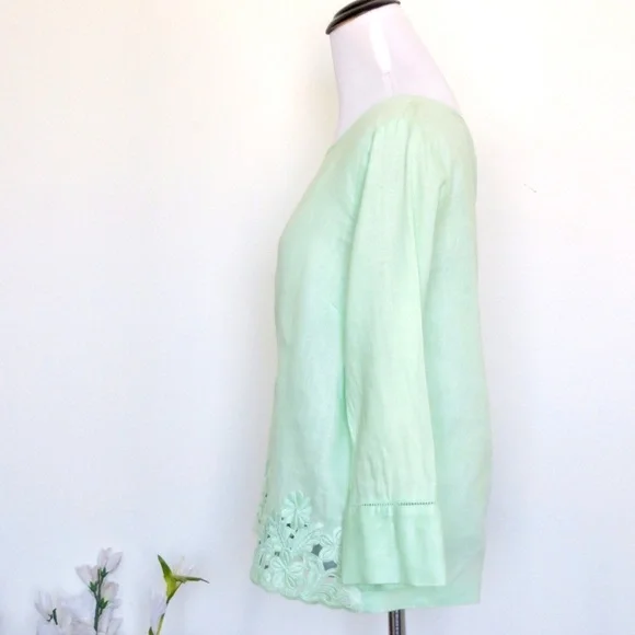 NEW! J. Crew Floral Embroidered 100% Linen Blouse Exposed Zipper Mint Green SZ 2 - Picture 4 of 8